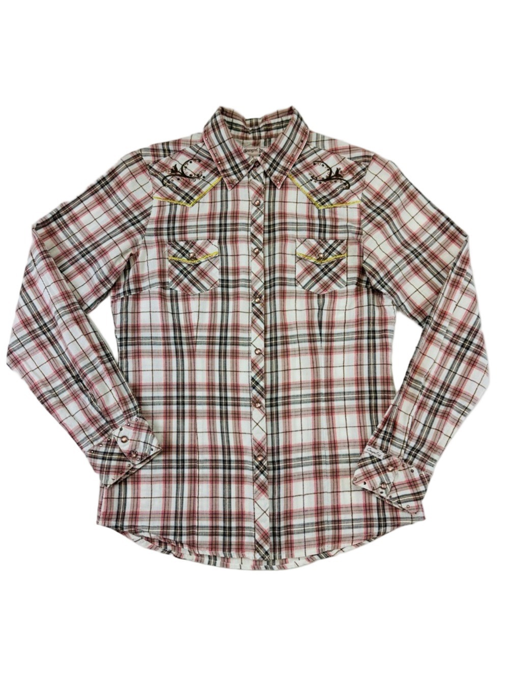 Cowgirl Up Plaid Western Snap Shirt Small Pink Gold Lurex Rodeo Western Country